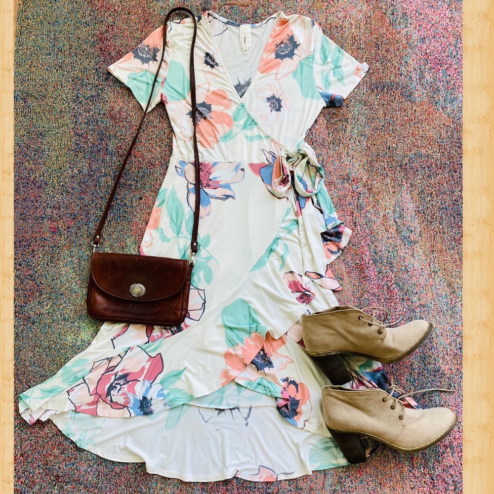 Boho floral flowery wrap dress sundress midi